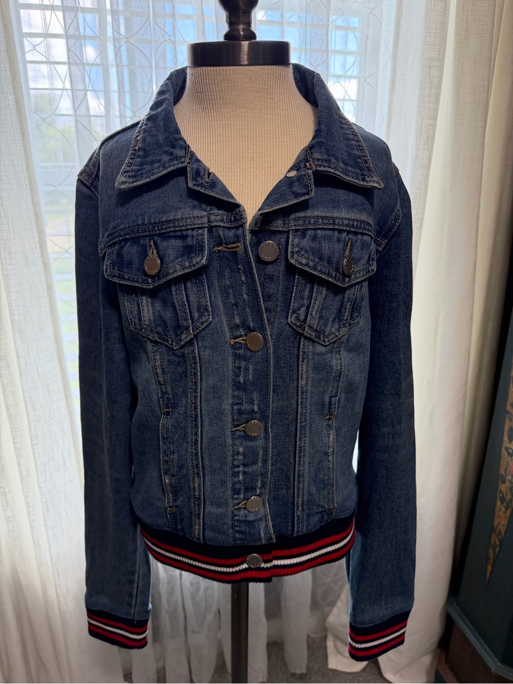 Classic Dark Blue Kids' Denim Jacket with Stripe Trim